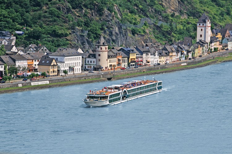 Ship cruising the Blue Danube River Ship cruising the Blue Danube River