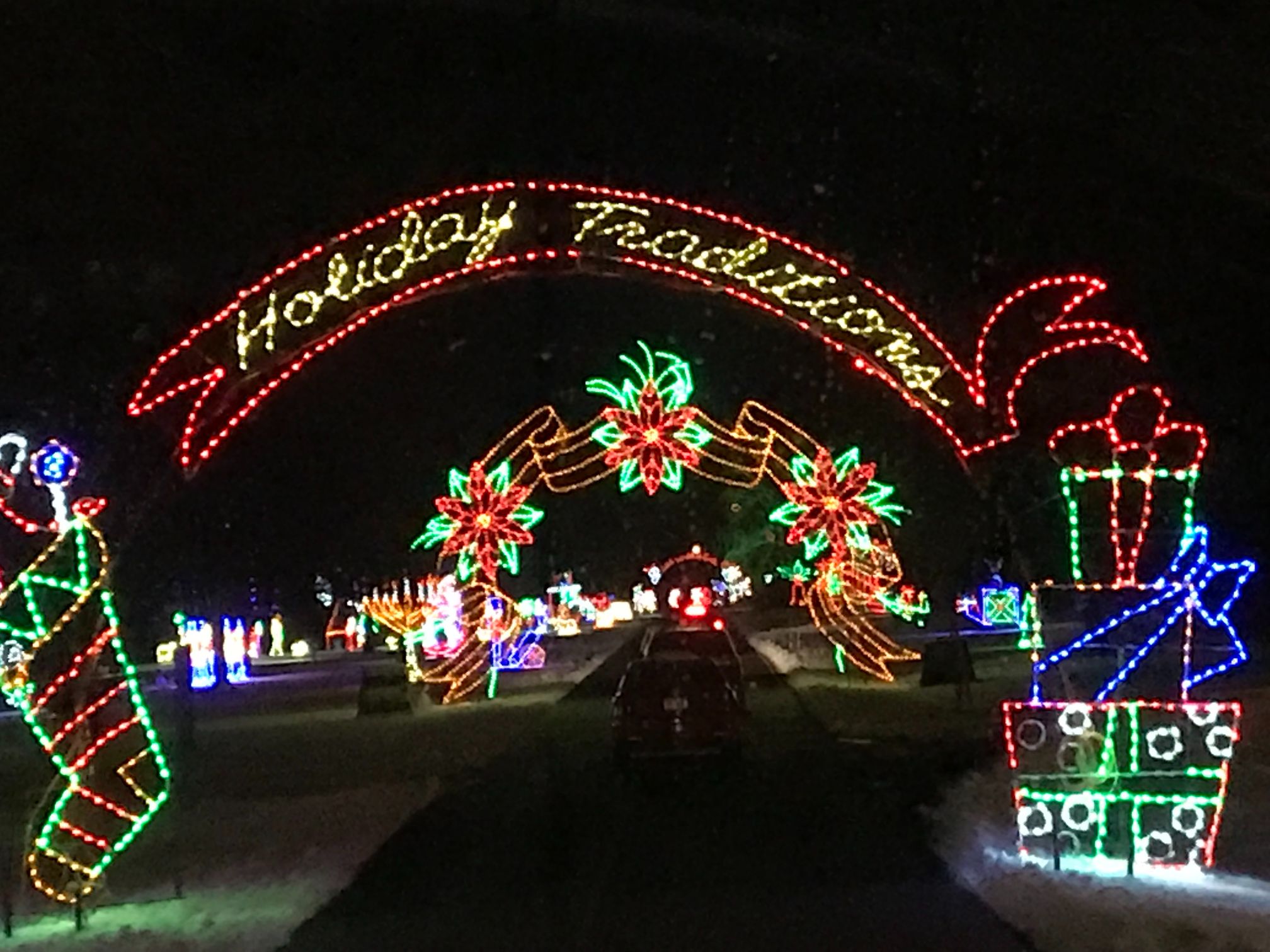 Holiday Traditions sign in lights at Lights on the Lake at Onondaga Lake Park, Syracuse NY