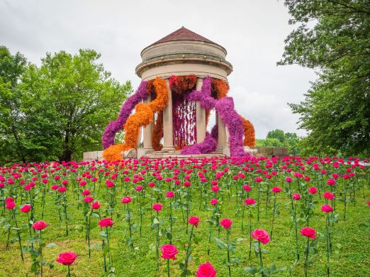 Structure covered in flowers at 2021 Philadelphia Flower Show