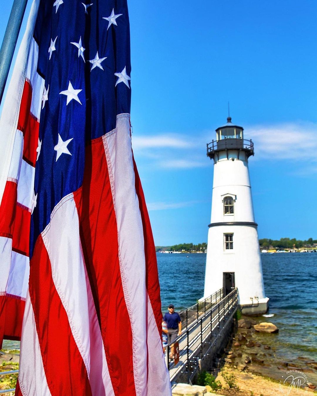 Rock Island Lighthouse with American flag Rock Island Lighthouse with American flag